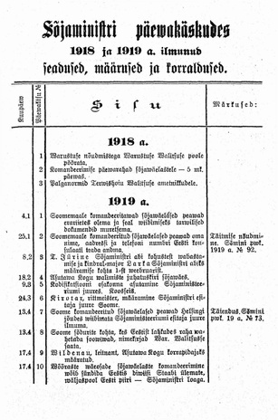 Sõjaministri päewakäskudes 1918 ja 1919 a. ilmunud seadused, määrused ja korraldused : [register]