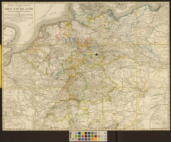 Post- und Reise-Karte von Deutschland und den anliegenden Ländern : für Extraposten, Couriere, Diligencen und Eilwagen 