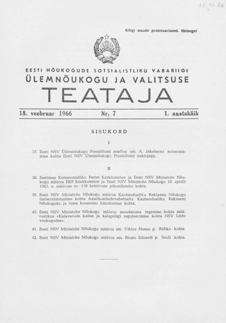 Eesti Nõukogude Sotsialistliku Vabariigi Ülemnõukogu ja Valitsuse Teataja ; 7 1966-02-18