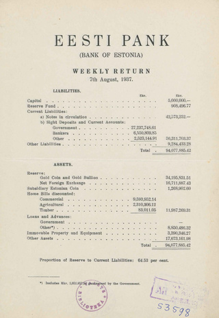 Eesti Pank (Bank of Estonia) : weekly return ; 1937-08-07
