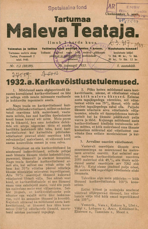Tartumaa Maleva Teataja ; 1/2 (88/89) 1933-01-20