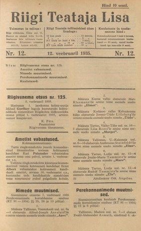 Riigi Teataja Lisa : seaduste alustel avaldatud teadaanded ; 12 1935-02-12