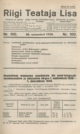 Riigi Teataja Lisa : seaduste alustel avaldatud teadaanded ; 100 1939-11-28