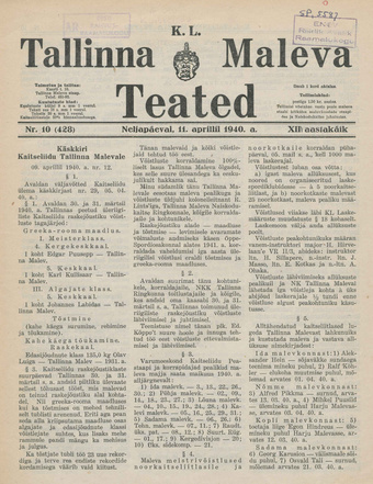 K. L. Tallinna Maleva Teated ; 10 (428) 1940-04-11