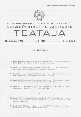 Eesti Nõukogude Sotsialistliku Vabariigi Ülemnõukogu ja Valitsuse Teataja ; 2 (522) 1976-01-16