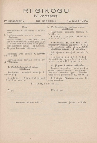 Riigikogu IV koosseis : täielikud protokollid : IV istungjärk : protokoll nr. 83