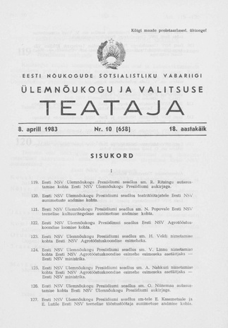 Eesti Nõukogude Sotsialistliku Vabariigi Ülemnõukogu ja Valitsuse Teataja ; 10 (658) 1983-04-08