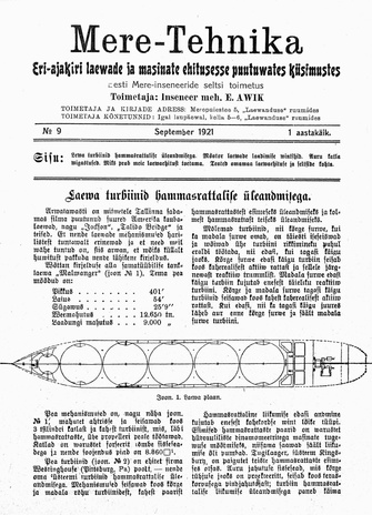 Mere-Tehnika : eri-ajakiri laevade ja masinate ehitusesse puutuvates küsimustes ; 9 1921-09