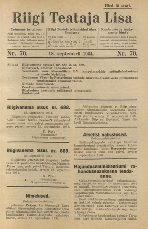 Riigi Teataja Lisa : seaduste alustel avaldatud teadaanded ; 70 1934-09-18