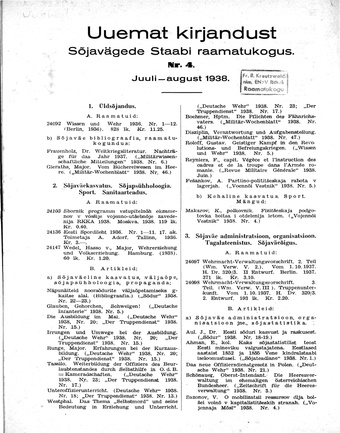 Uuemat Kirjandust Kaitsevägede Staabi raamatukogus ; 4 1938