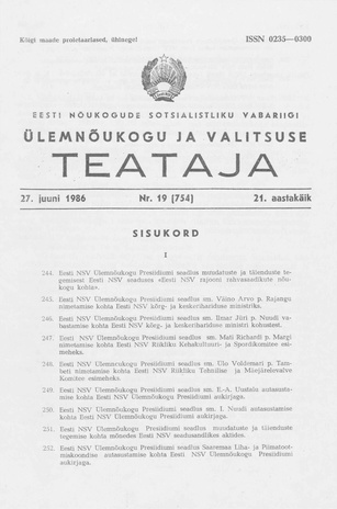 Eesti Nõukogude Sotsialistliku Vabariigi Ülemnõukogu ja Valitsuse Teataja ; 19 (754) 1986-06-27