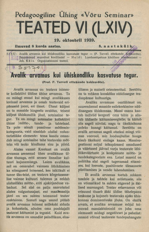 Pedagoogiline Ühing "Võru Seminar" : teated ; VI (LXIV) 1939-10-19