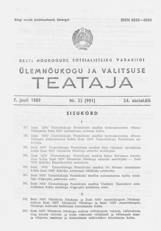 Eesti Nõukogude Sotsialistliku Vabariigi Ülemnõukogu ja Valitsuse Teataja ; 23 (901) 1989-07-07