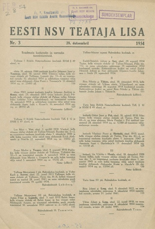 Eesti NSV Teataja lisa ; 3 1954-12-28