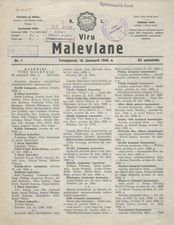 K. L. Viru Malevlane ; 1 1940-01-16