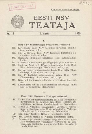 Eesti NSV Teataja = Ведомости Эстонской ССР ; 18 1959-04-04