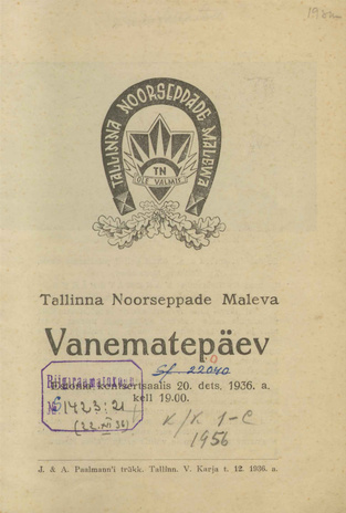 Tallinna Noorseppade Maleva vanematepäev : Estonia kontserdisaalis 20. dets. 1936. a.