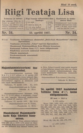 Riigi Teataja Lisa : seaduste alustel avaldatud teadaanded ; 34 1937-04-23