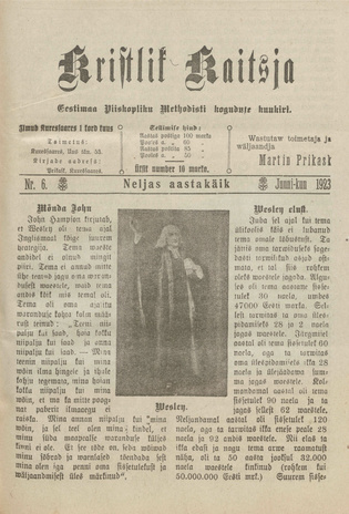 Kristlik Kaitsja : Eesti metodistide häälekandja ; 6 1923-06