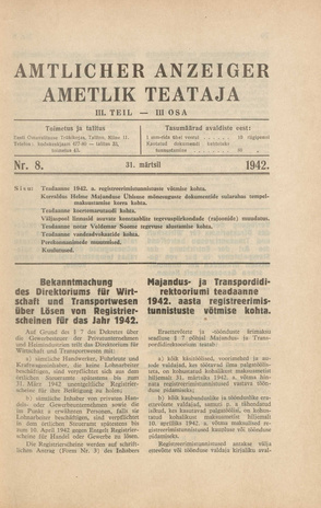 Ametlik Teataja. III osa = Amtlicher Anzeiger. III Teil ; 8 1942-03-31