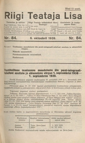 Riigi Teataja Lisa : seaduste alustel avaldatud teadaanded ; 84 1939-10-06