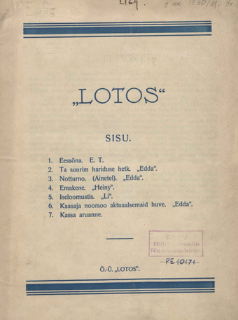 Lotos : Pärnu 2. Gümn., Progümn. ja Reaalkooli ajakiri ; 1930
