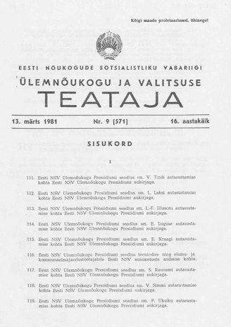 Eesti Nõukogude Sotsialistliku Vabariigi Ülemnõukogu ja Valitsuse Teataja ; 9 (571) 1981-03-13