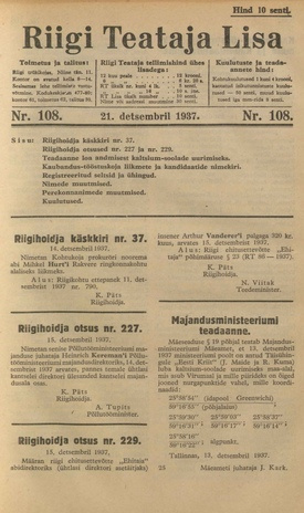 Riigi Teataja Lisa : seaduste alustel avaldatud teadaanded ; 108 1937-12-21