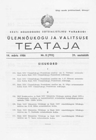 Eesti Nõukogude Sotsialistliku Vabariigi Ülemnõukogu ja Valitsuse Teataja ; 8 (793) 1986-03-14