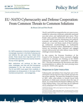 EU-NATO cybersecurity and defense cooperation: from common threats to common solutions ; Policy brief (German Marshall Fund of the United States) ; 2017, no. 38