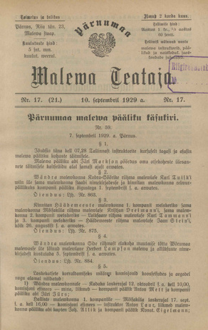 Pärnumaa Maleva Teataja ; 17 (21) 1929-09-10