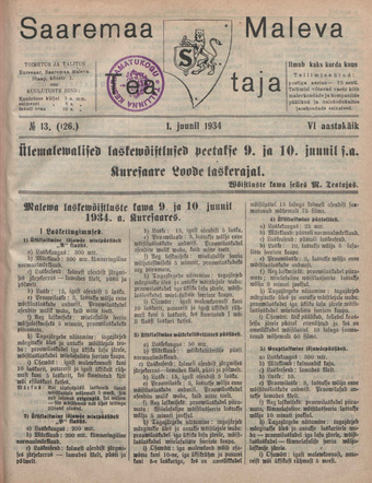 Saaremaa Maleva Teataja ; 13 (126) 1934-06-01