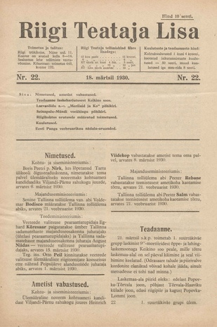 Riigi Teataja Lisa : seaduste alustel avaldatud teadaanded ; 22 1930-03-18