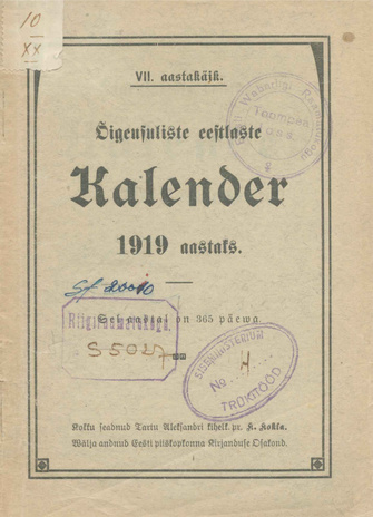 Õigeusuliste eestlaste kalender 1919 aastaks ; 1918