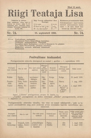 Riigi Teataja Lisa : seaduste alustel avaldatud teadaanded ; 74 1930-09-23