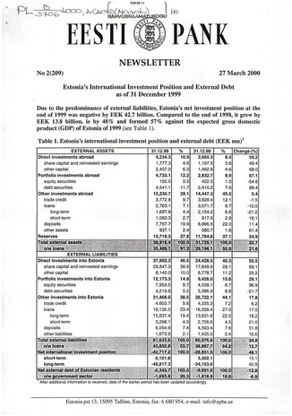 Eesti Pank : newsletter ; 2 (209) 2000-03-27