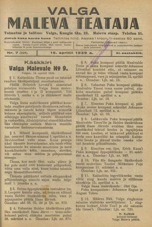Valga Maleva Teataja ; 7 (221) 1939-04-15