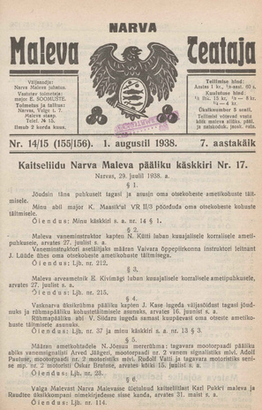 Narva Maleva Teataja ; 14-15 (155-156) 1938-08-01