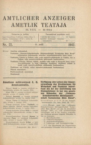 Ametlik Teataja. III osa = Amtlicher Anzeiger. III Teil ; 22 1942-07-31