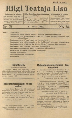 Riigi Teataja Lisa : seaduste alustel avaldatud teadaanded ; 38 1935-05-17