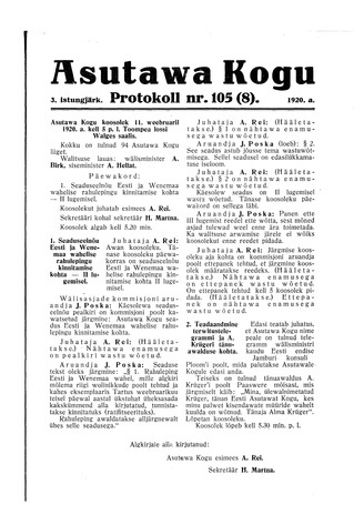 Asutawa Kogu protokoll nr.105 (8) (11. veebruar 1920)