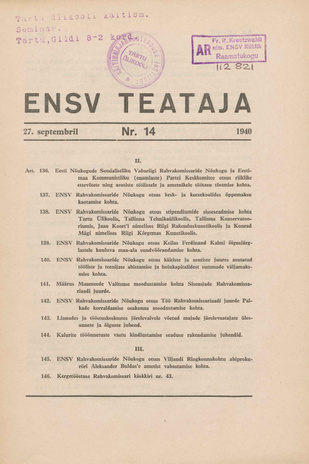 Eesti NSV Teataja ; 14 1940-09-27
