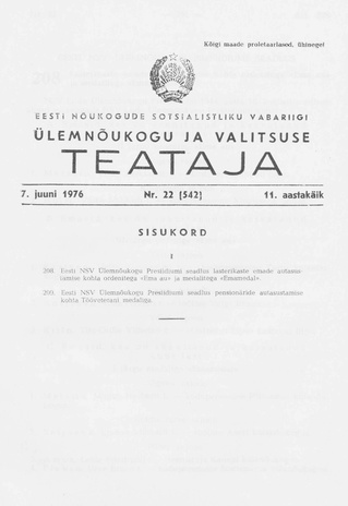 Eesti Nõukogude Sotsialistliku Vabariigi Ülemnõukogu ja Valitsuse Teataja ; 22 (542) 1976-06-07