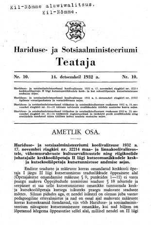 Hariduse- ja Sotsiaalministeeriumi Teataja ; 10 1932-12-14