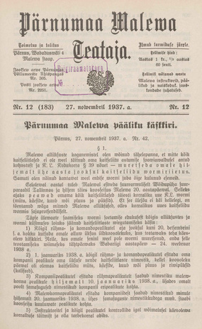 Pärnumaa Maleva Teataja ; 12 (183) 1937-11-27