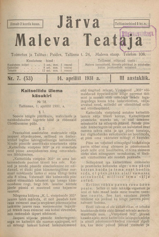 Järva Maleva Teataja ; 7 (53) 1931-04-14