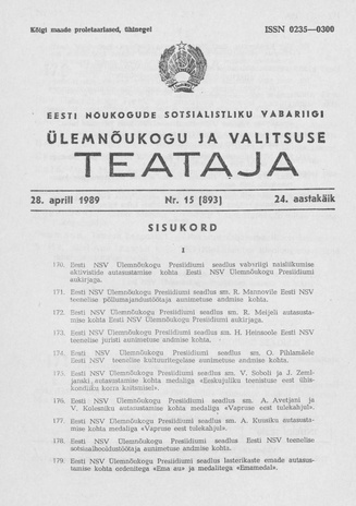 Eesti Nõukogude Sotsialistliku Vabariigi Ülemnõukogu ja Valitsuse Teataja ; 15 (893) 1989-04-28
