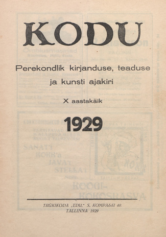 Kodu : perekondlik kirjanduse, teaduse ja kunsti ajakiri ; sisukord 1929