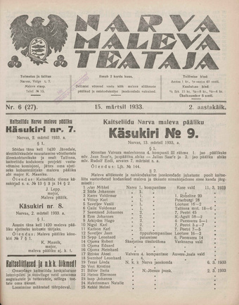 Narva Maleva Teataja ; 6 (27) 1933-03-15
