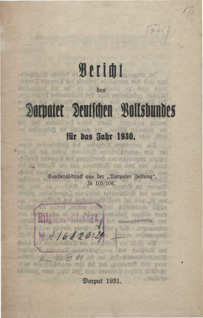 Bericht des Dorpater Deutschen Volksbundes für das Jahr 1930